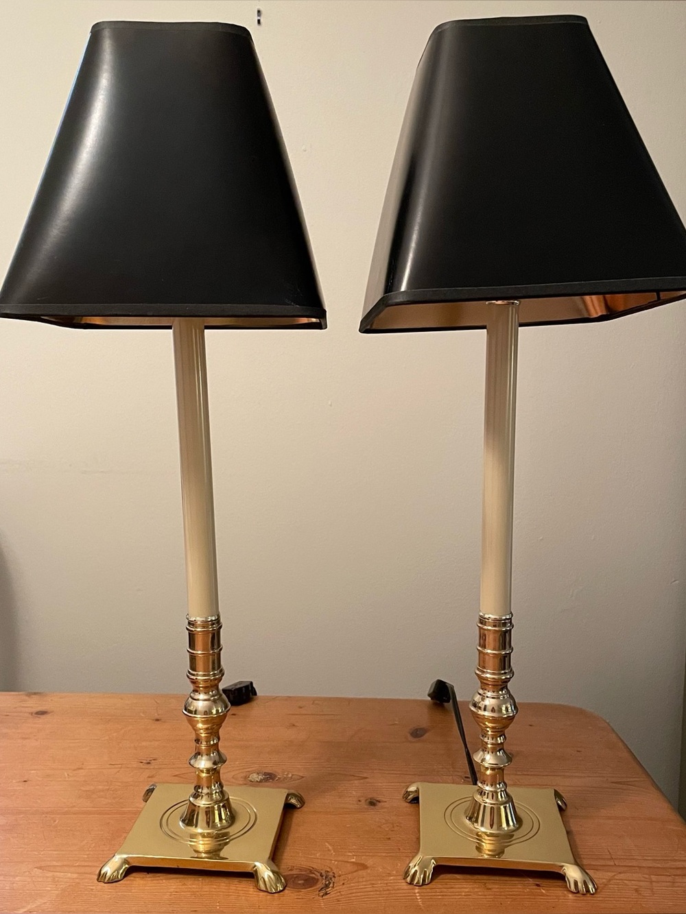 Pair Of Bombay Sunlit Brass Candlestick Base Lamps 18” With Shades 22” Buffet